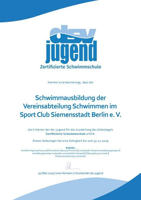 Zertifikat f&uuml;r die Schwimmausbildung des Sport Club Siemensstadt Berlin e. V. von der dsv-jugend bis 31.12.2029.