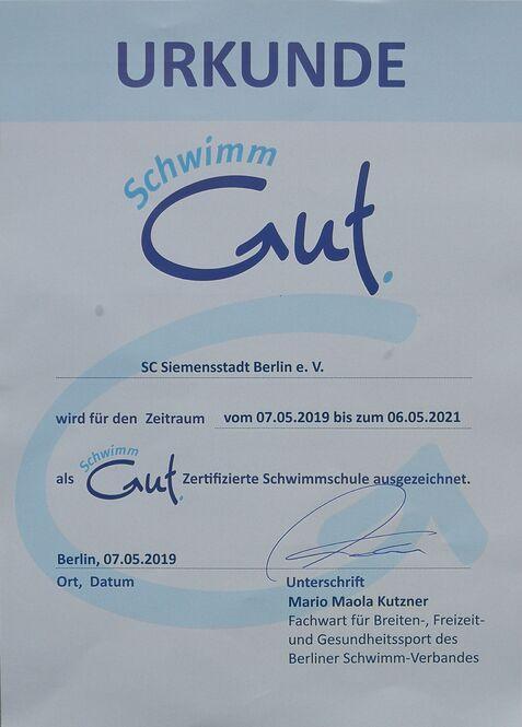 Urkunde f&uuml;r SC Siemensstadt Berlin e. V. als zertifizierte Schwimmschule von 2019 bis 2021. Unterschrift von Mario Kutzner.