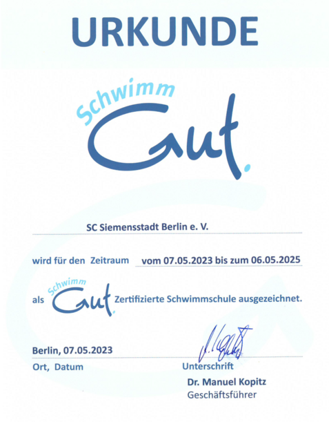 Urkunde f&uuml;r den SC Siemensstadt Berlin als zertifizierte Schwimmschule f&uuml;r den Zeitraum 07.05.2023 bis 06.05.2025.