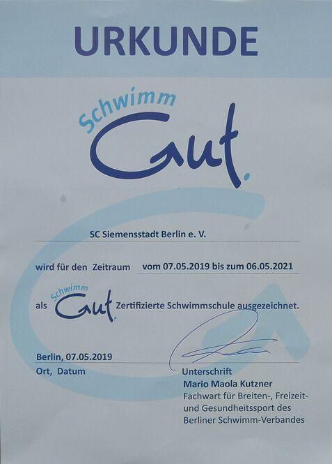 Urkunde für SC Siemensstadt Berlin e. V. als zertifizierte Schwimmschule von 2019 bis 2021. Unterschrift von Mario Kutzner.