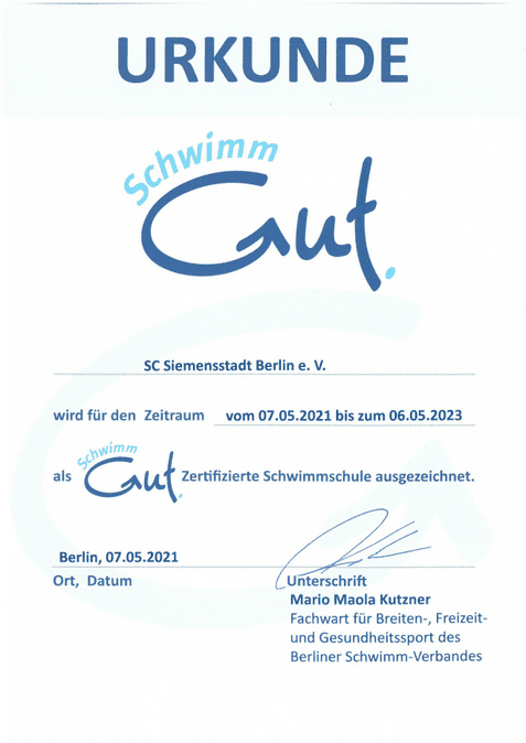 Urkunde des SC Siemensstadt Berlin e. V. für die zertifizierte Schwimmschule "Schwimm Gut" von 2021 bis 2023.