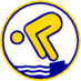 Logo mit stilisierter Person in Sprungposition über Wasser, umgeben von gelbem und blauem Rand.