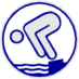 Symbol eines Schwimmers, der ins Wasser springt, umgeben von einem blauen Kreis.