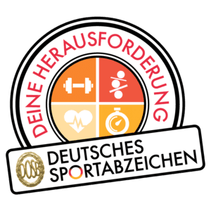 Logo des Deutschen Sportabzeichens mit den Icons f&uuml;r Fitness, Gesundheit und Zeitmanagement sowie dem Slogan &bdquo;Deine Herausforderung&ldquo;.