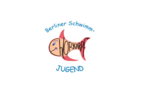 Logo der Berliner Schwimmjugend mit einem stilisierten Fisch und dem Schriftzug &bdquo;Berliner Schwimmjugend&ldquo;.