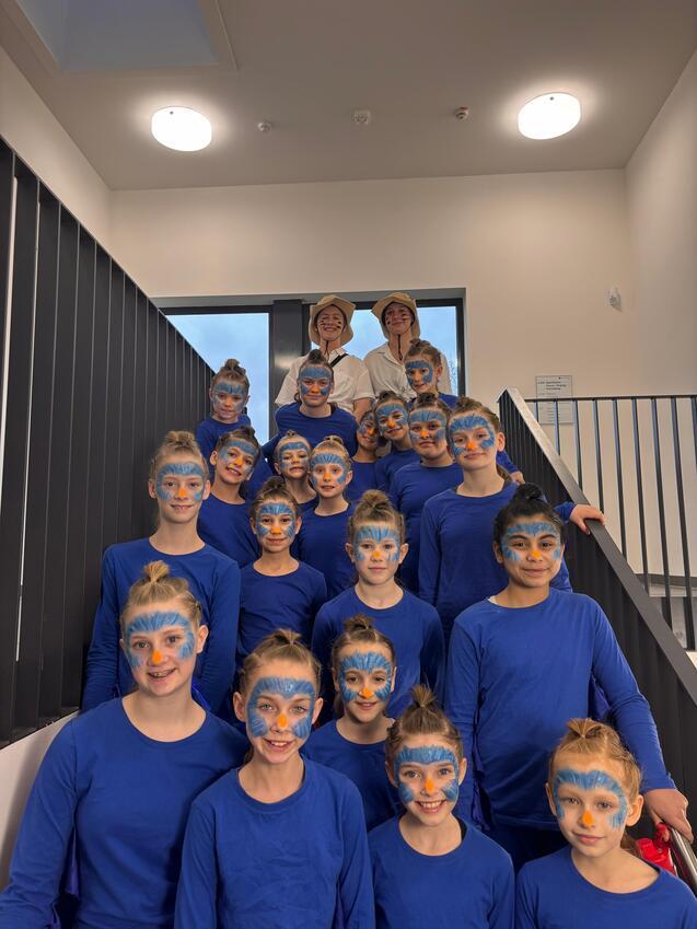 Gruppe von Kindern in blauen Shirts mit Tiergesichtsmalerei, stehen auf einer Treppe, daneben zwei Erwachsene in Hüten.
