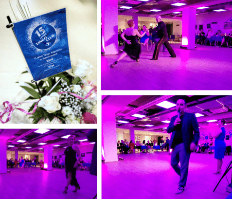 Dekoration mit Blumen und Banner zum 15-jährigen Jubiläum eines Tango-Clubs, Tänze und Live-Auftritte in lila Beleuchtung.