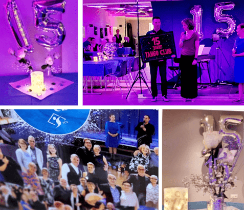 Feier zum 15-jährigen Bestehen eines Tango-Clubs mit Dekoration und begeistert zuschauenden Gästen.