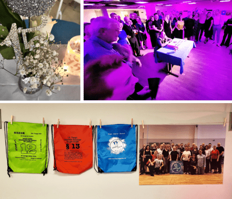 Tisch mit Geburtstagstorte, festlich geschmücktem Blumenarrangement und anwesenden Gästen in einem Tanzsaal.