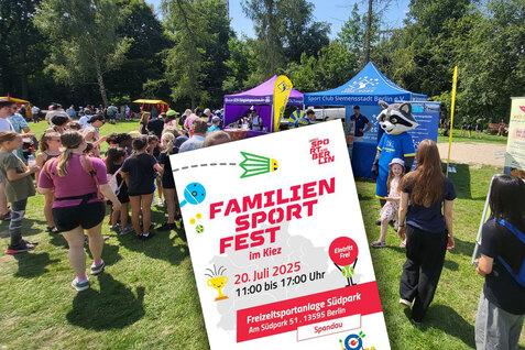 Fotoaufnahme mit Menschen und Pavillons vom S&uuml;dparkfest auf dem Freizeitgel&auml;nde des S&uuml;dparks Spandau