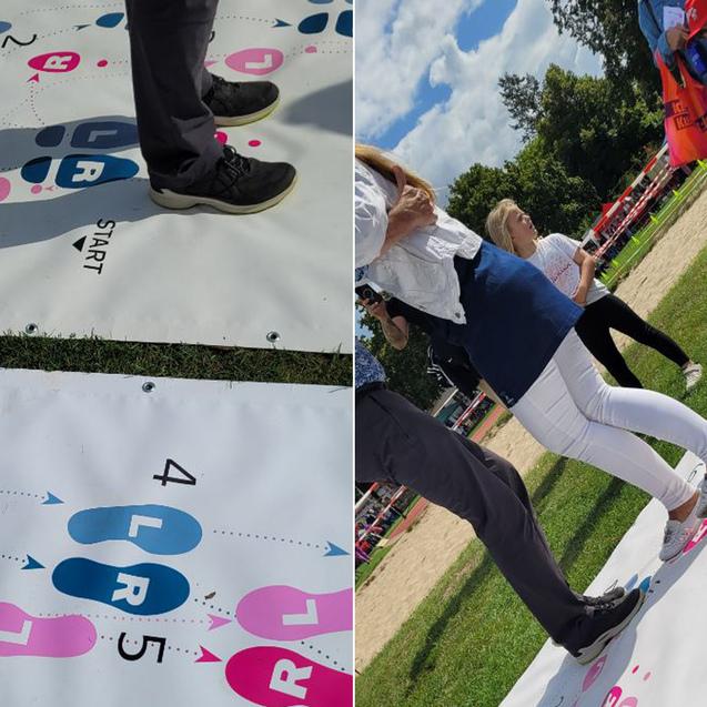 2 Bilder als Galerie: Besucher*innen des S&uuml;dparkfests &uuml;ben sich auf den Tangoschritt-Bodenplanen