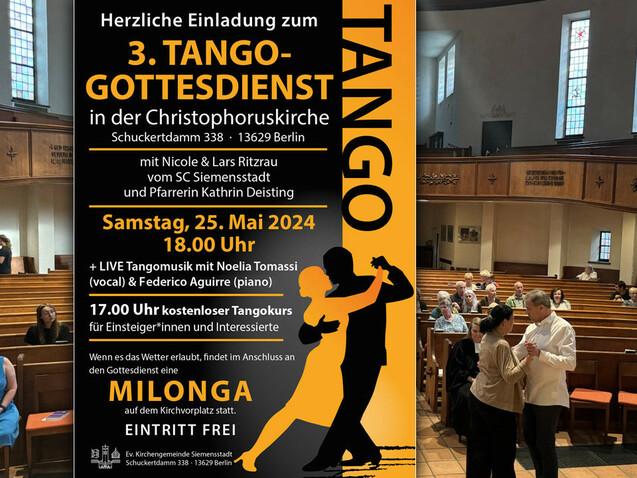 Einladung zum Tango-Gottesdienst in der Christophoruskirche mit Tanzpaar inmitten von Zuschauern im Kirchenraum.
