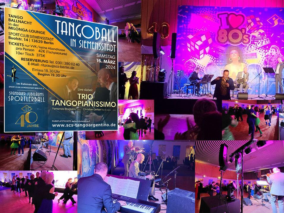 Bunte Tango-Veranstaltung mit tanzenden Gästen, einer Band und dekorativer 80er-Jahre-Dekoration im Hintergrund.