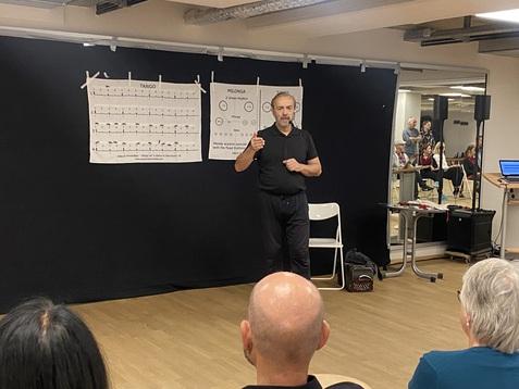 Tanzlehrer erklärt Tango und Milonga, mit Notenblättern im Hintergrund und Teilnehmern im Spiegel zu sehen.