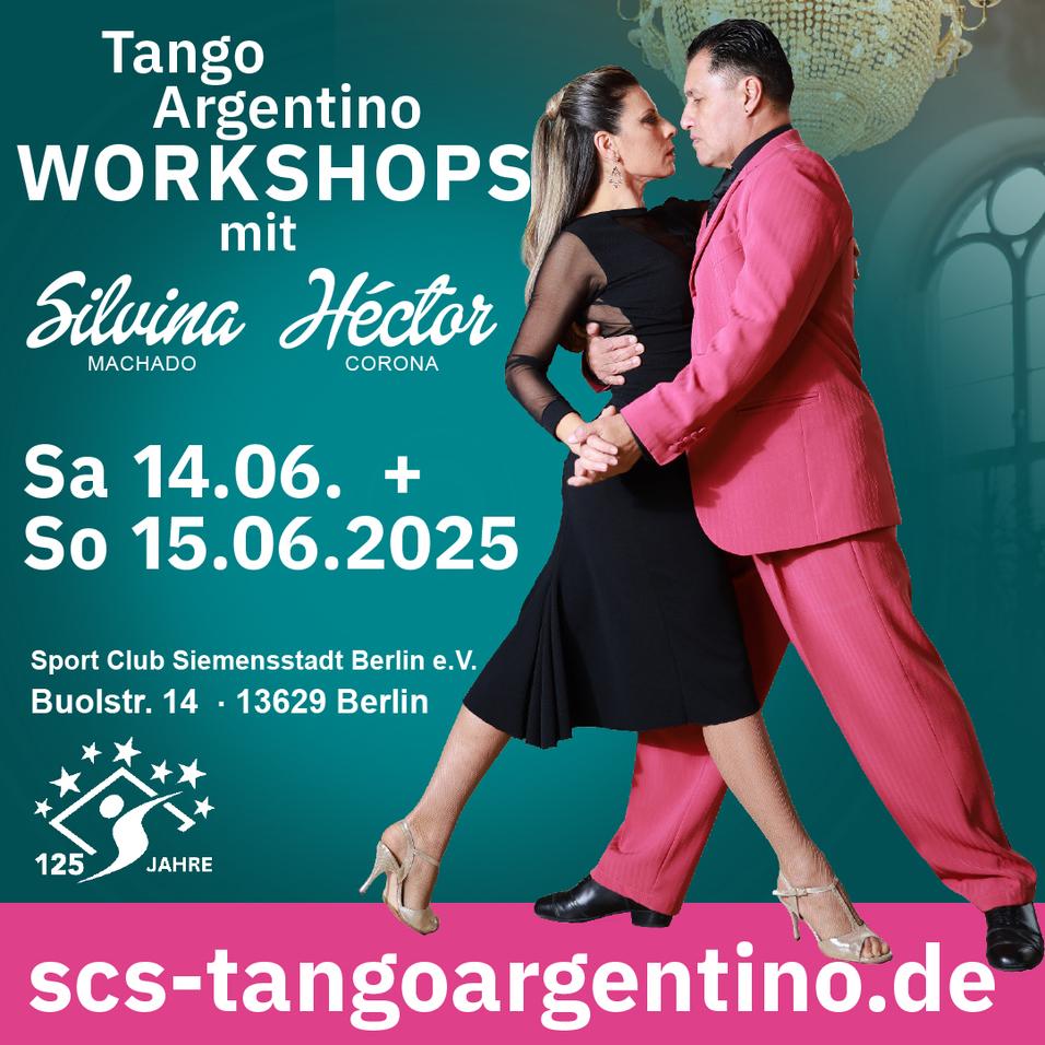 Teasermotiv Tango Argentino Workshops mit Silvina Machado un Héctor Corona Sa 14.06. + So 15.06.2025 im SC Siemensstadt