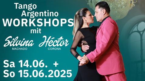 Workshops mit Silvina + Héctor Teasermotiv Tango Argentino Workshops mit Silvina Machado un Héctor Corona Sa 14.06. + So 15.06.2025 im SC Siemensstadt