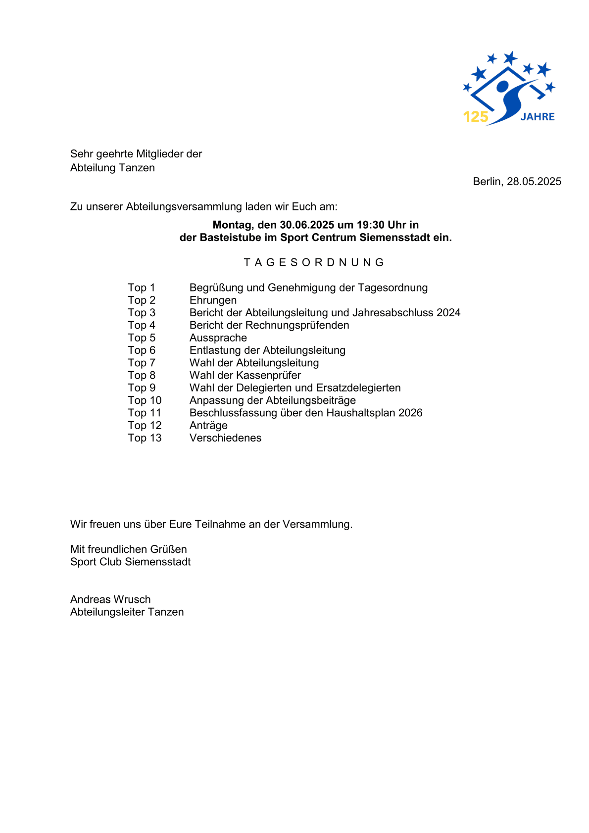 Einladung zur Abteilungsversammlung mit Tagesordnung und Details zur Veranstaltung im Sport Club Siemensstadt.