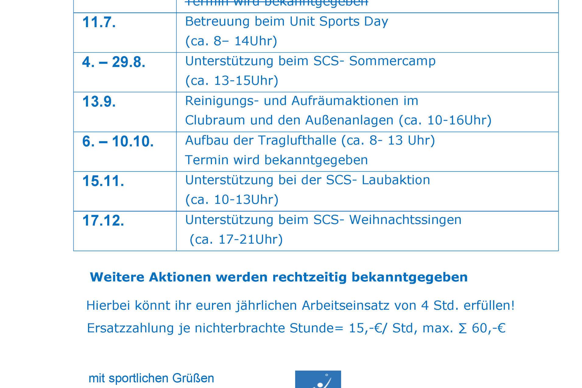 Übersichtstabelle mit Terminen für Arbeitseinsätze im Jahr 2025 bei SCS Berlin Tennis.