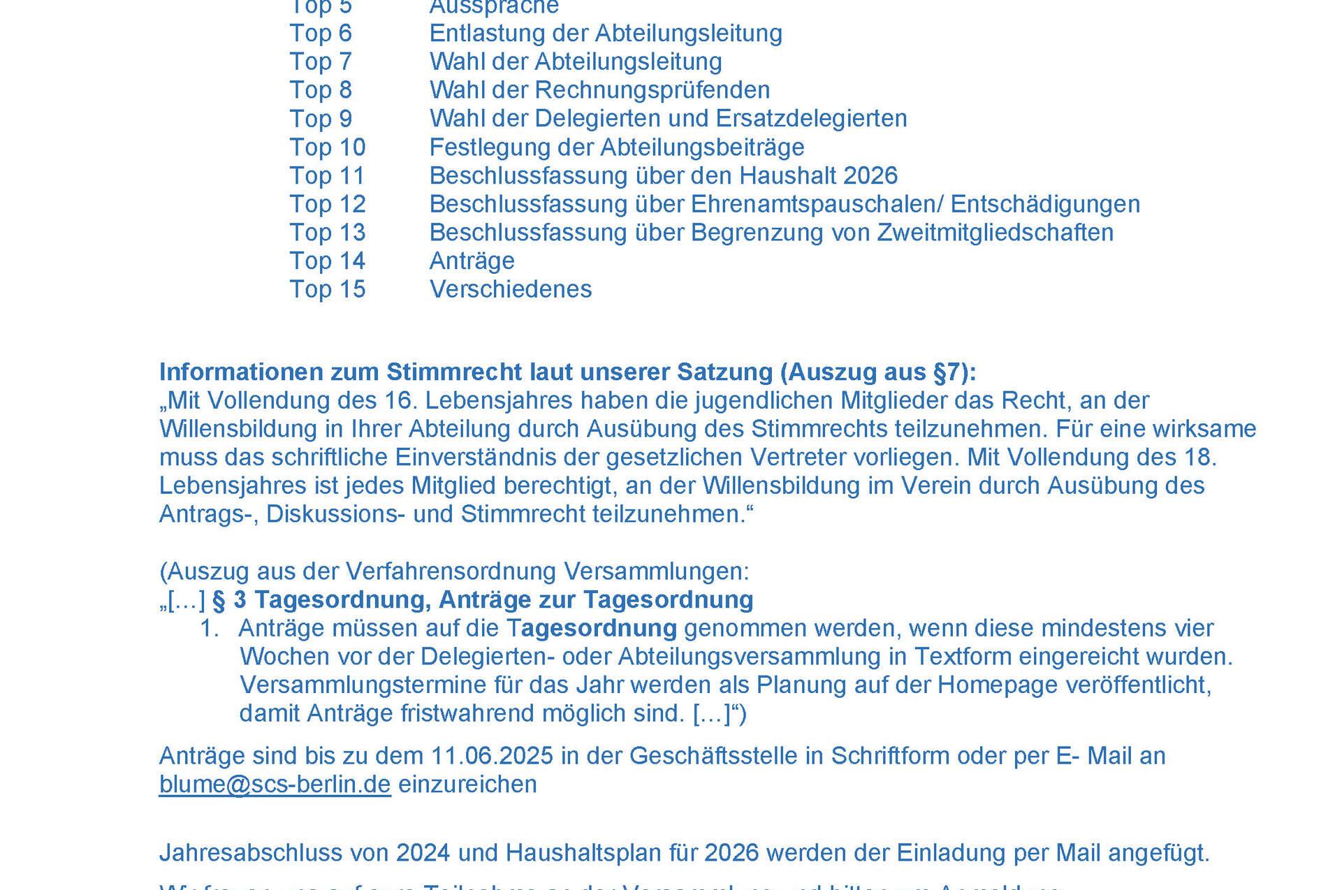 Einladung zur jährlichen Abteilungsversammlung der Tennisabteilung mit Tagesordnung und Kontaktinformationen.