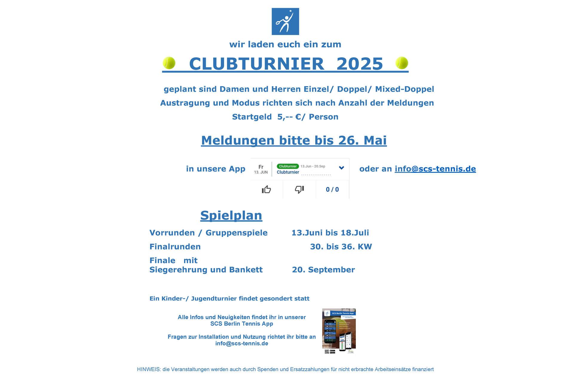 Ein Informationsblatt zum Clubturnier 2025 mit Terminen, Anmeldung und Spielplan für Tenniswettbewerbe.