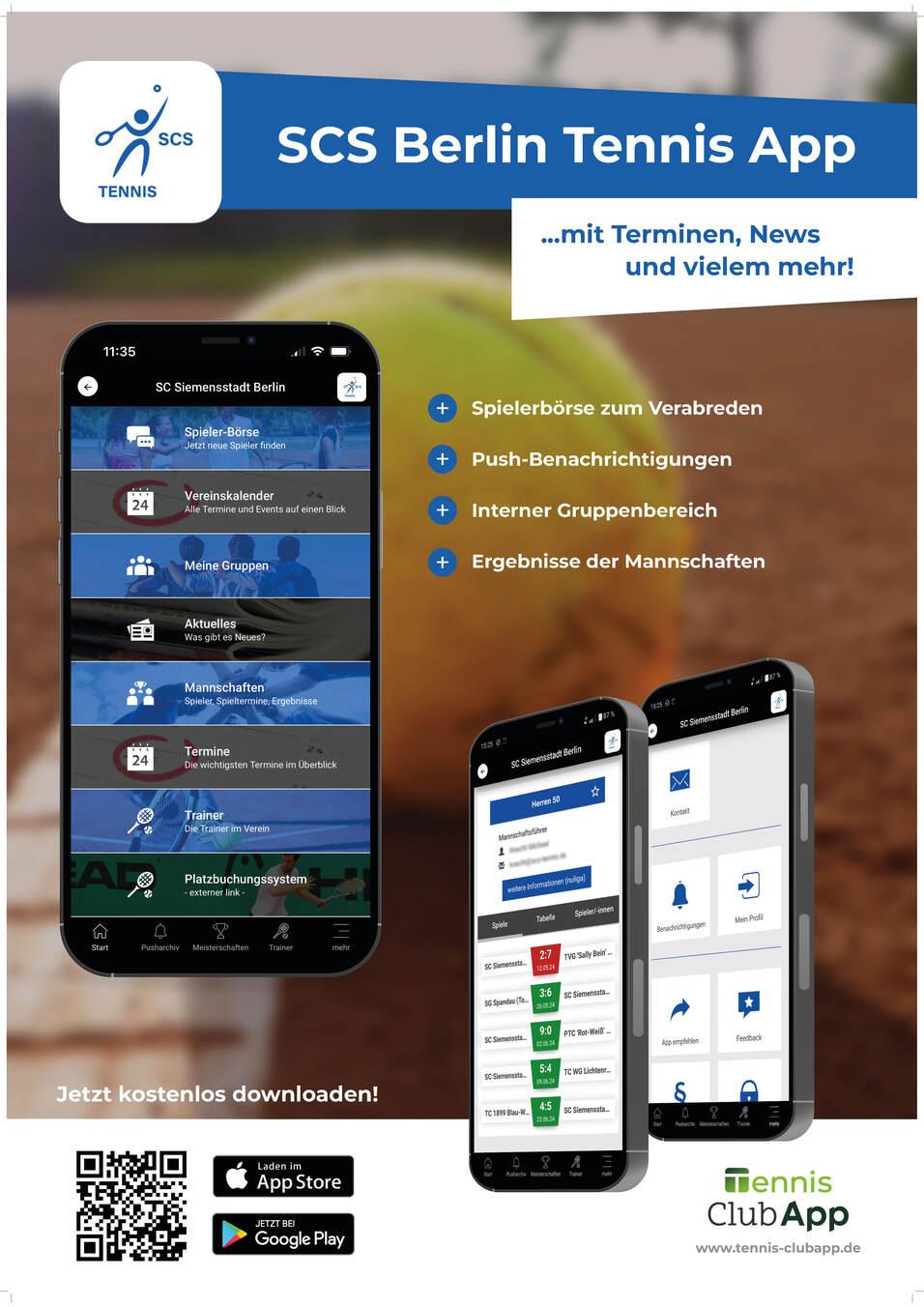 Smartphone-Displays der SCS Berlin Tennis App mit Informationen zu Terminen und Spielerangeboten.