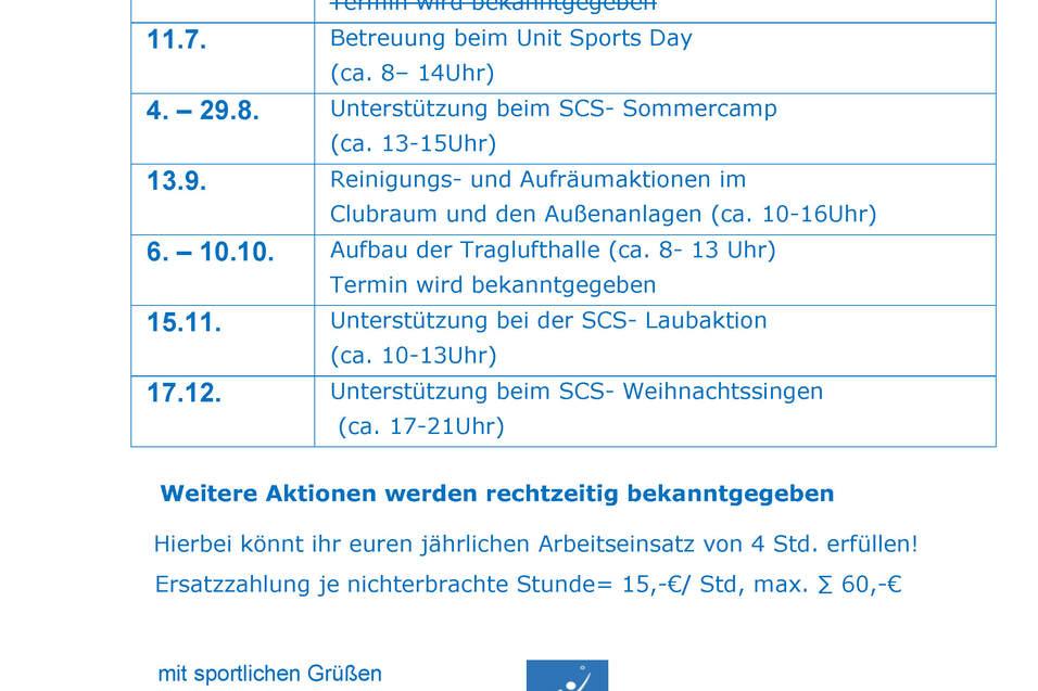&Uuml;bersichtstabelle mit Terminen f&uuml;r Arbeitseins&auml;tze im Jahr 2025 bei SCS Berlin Tennis.
