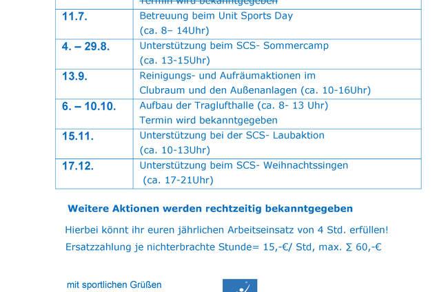 Übersichtstabelle mit Terminen für Arbeitseinsätze im Jahr 2025 bei SCS Berlin Tennis.