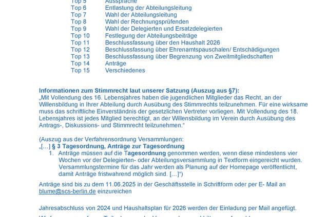 Einladung zur jährlichen Abteilungsversammlung der Tennisabteilung mit Tagesordnung und Kontaktinformationen.