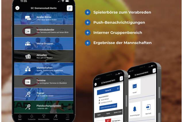 Smartphone-Displays der SCS Berlin Tennis App mit Informationen zu Terminen und Spielerangeboten.