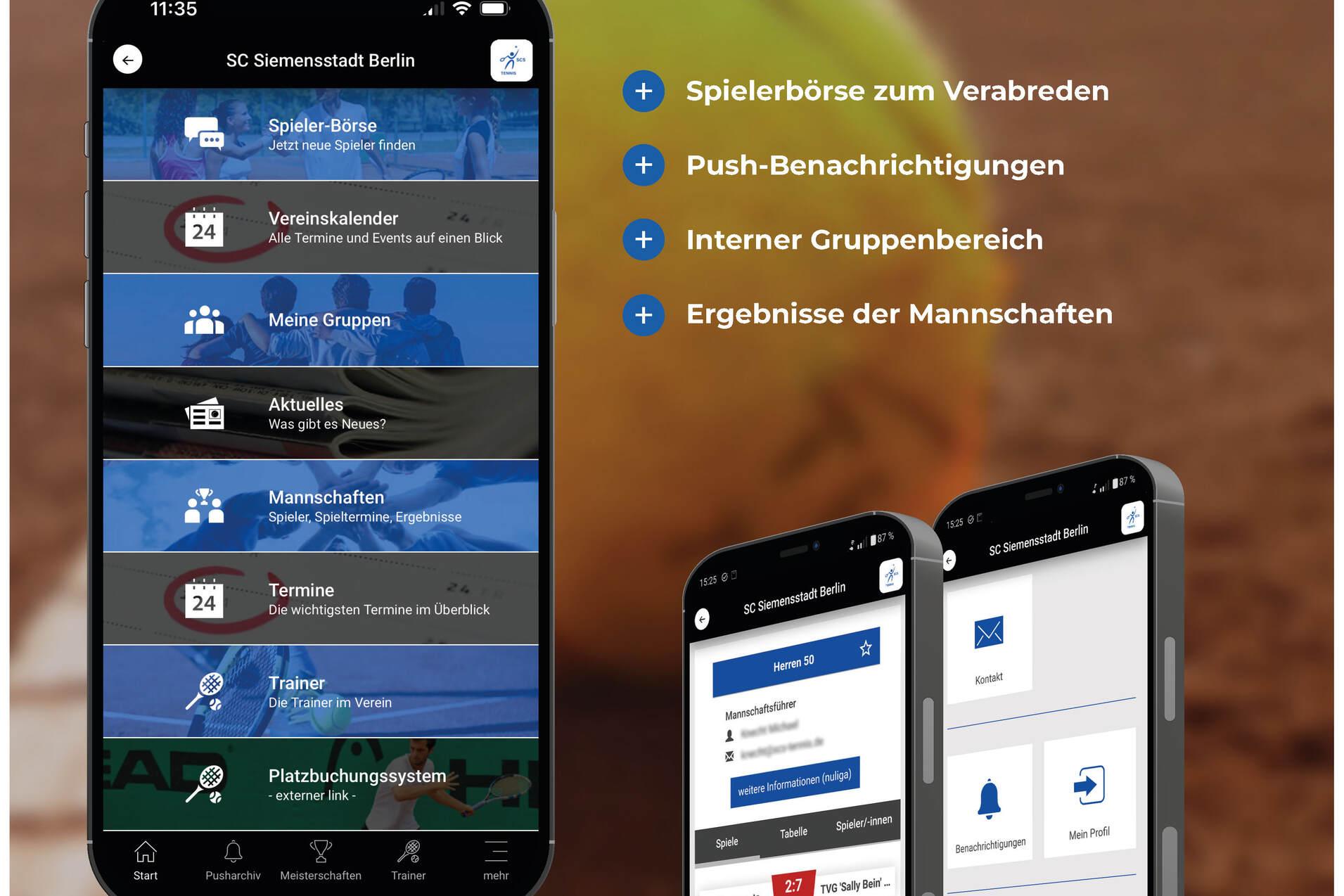 Smartphone-Displays der SCS Berlin Tennis App mit Informationen zu Terminen und Spielerangeboten.