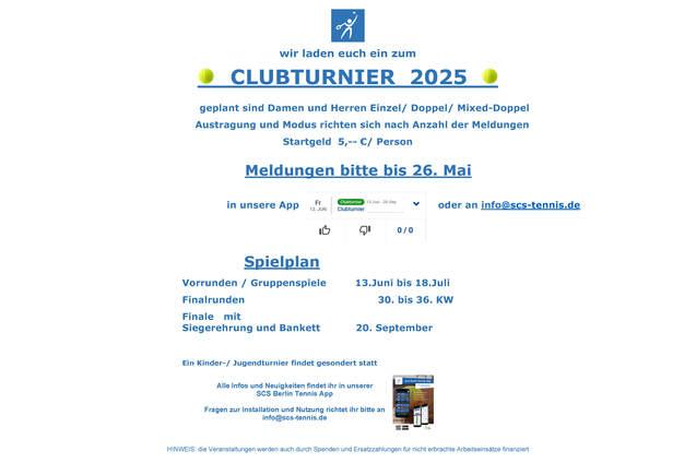 Ein Informationsblatt zum Clubturnier 2025 mit Terminen, Anmeldung und Spielplan für Tenniswettbewerbe.