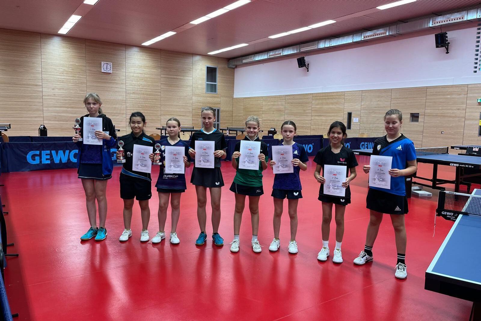 Acht Mädchen in Sportkleidung halten Siegerurkunden und Pokale in einer Tischtennishalle mit roten Böden.