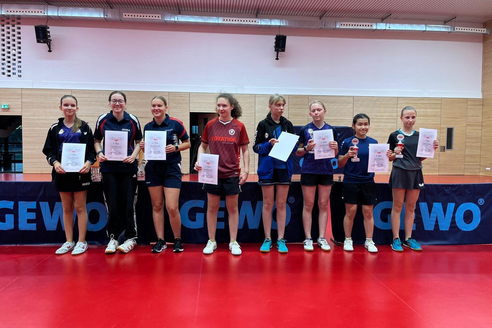 Acht Tischtennisspielerinnen stehen mit Urkunden und Pokalen vor einer Tischtennisplatte in einer Sporthalle.
