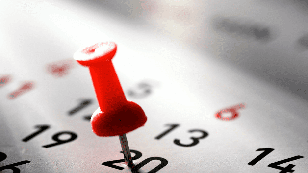 Roter Pinnnadeln steckt in einem Kalenderblatt, das den 20. Tag eines Monats zeigt.