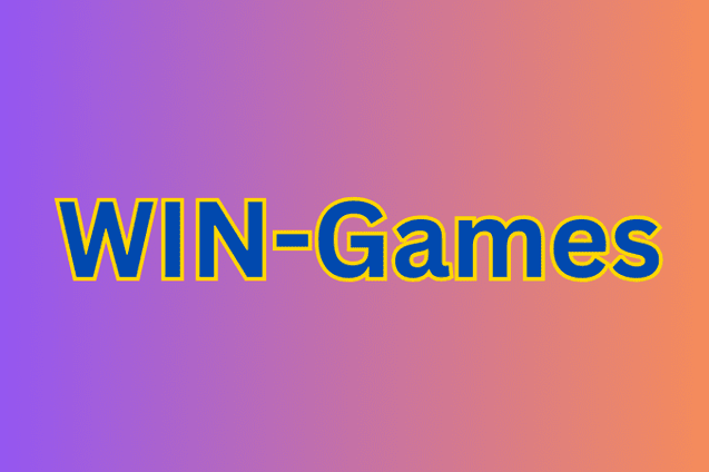 Logo mit dem Text &bdquo;WIN-Games&ldquo; in blauer Schrift auf einem Farbverlauf von Violett zu Orange.