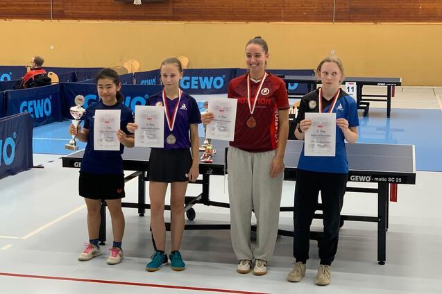 Vier Tischtennisspielerinnen halten Urkunden und Trophäen nach einem Wettkampf in einer Sporthalle.