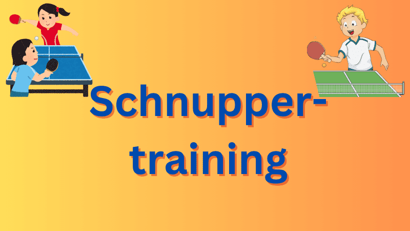 Illustration von zwei Kindern beim Tischtennisspiel, mit dem Text &bdquo;Schnuppertraining&ldquo; in gro&szlig;en Buchstaben.