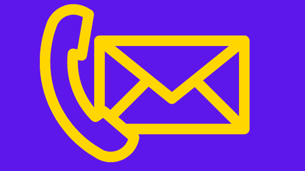Symbolgrafik mit einem Telefonhörer und einem Briefumschlag auf lila Hintergrund.