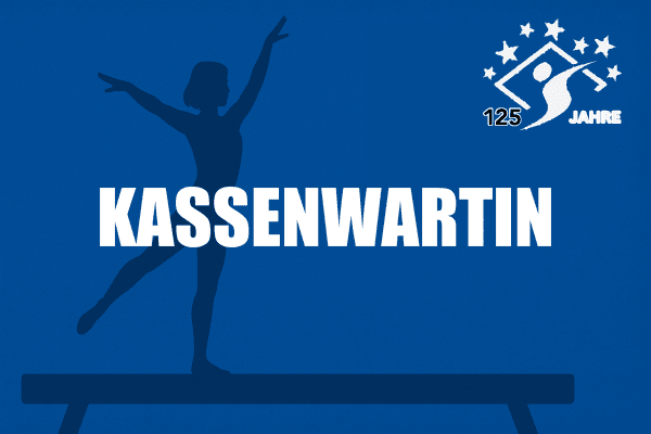Silhouette einer Turnerin auf einem Schwebebalken mit dem Text "KASSENWARTIN" auf blauem Hintergrund.