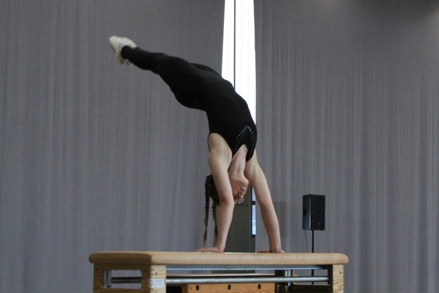 Turnerin in Schwarz macht einen Handstand auf einem Holzpferd in einem Sporthalle mit grauen Vorhängen.