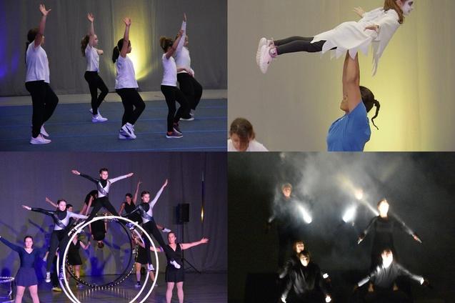 Collage von Tanz- und Akrobatikauftritten mit Gruppen von Tänzern auf einer Bühne in verschiedenen Positionen und Kostümen.