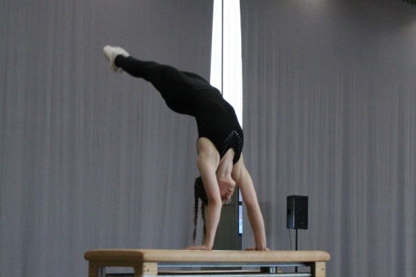 Turnerin f&uuml;hrt einen Handstand auf einem Turnpferd in einer Sporthalle aus. Hintergrund mit grauen Vorh&auml;ngen und Lautsprecher.