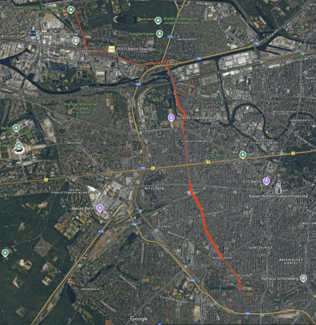 Karte von Berlin mit markierter Route entlang der Spree und wichtigen Punkten wie Charlottenburg und Siemensstadt.
