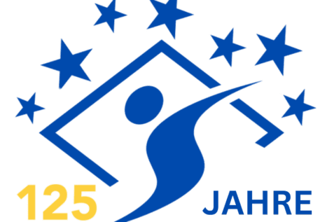 Logo mit der Aufschrift &bdquo;125 Jahre&ldquo; und einer stilisierten Figur vor einem Haus und f&uuml;nf Sternen.