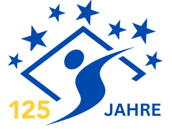 Logo mit der Aufschrift „125 Jahre“ und einer stilisierten Figur vor einem Haus und fünf Sternen.