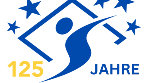 Logo mit der Aufschrift „125 Jahre“ und einer stilisierten Figur vor einem Haus und fünf Sternen.