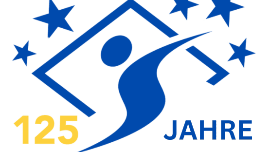 Logo mit der Aufschrift „125 Jahre“ und einer stilisierten Figur vor einem Haus und fünf Sternen.