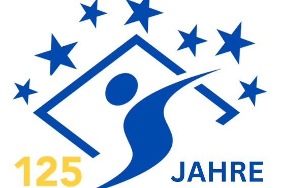 Logo mit der Aufschrift &bdquo;125 Jahre&ldquo; und einer stilisierten Figur vor einem Haus und f&uuml;nf Sternen.