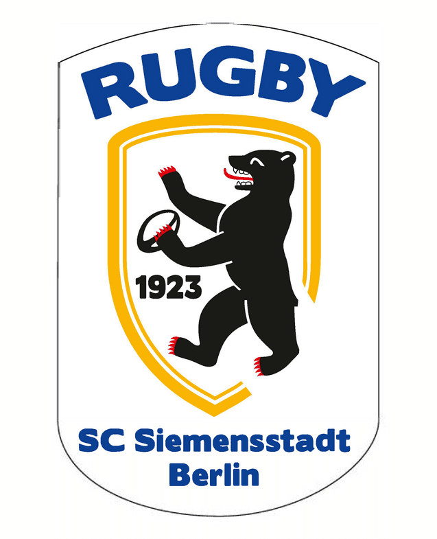 Logo des SC Siemensstadt Berlin, mit dem Schriftzug "RUGBY" und einem Bären, der einen Rugbyball hält. Gründungsjahr 1923.
