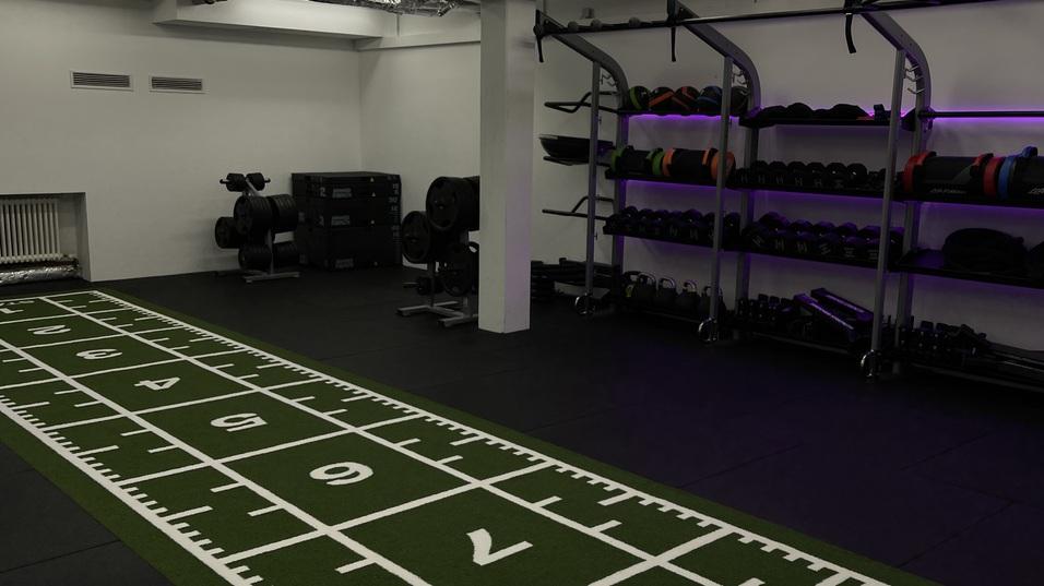 Fitnessraum mit einer Rasenfl&auml;che f&uuml;r &Uuml;bungen, Hanteln und Gewichte auf Regalen an der Wand.